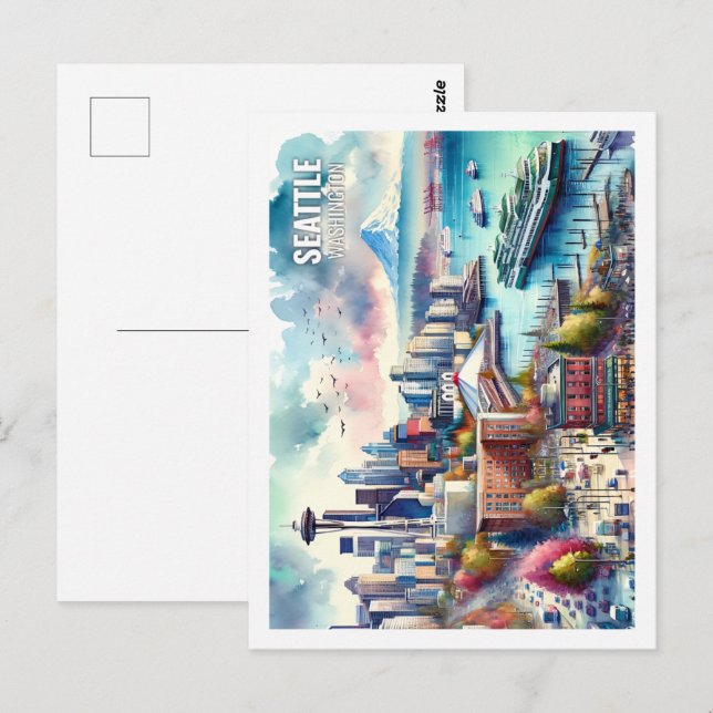 Cartão Postal Seattle Washington EUA Lugar Famoso aquarela (Frente/Verso)