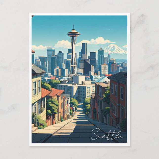 Cartão Postal Seattle Washington Space Agulha Mt Rainier (Frente)
