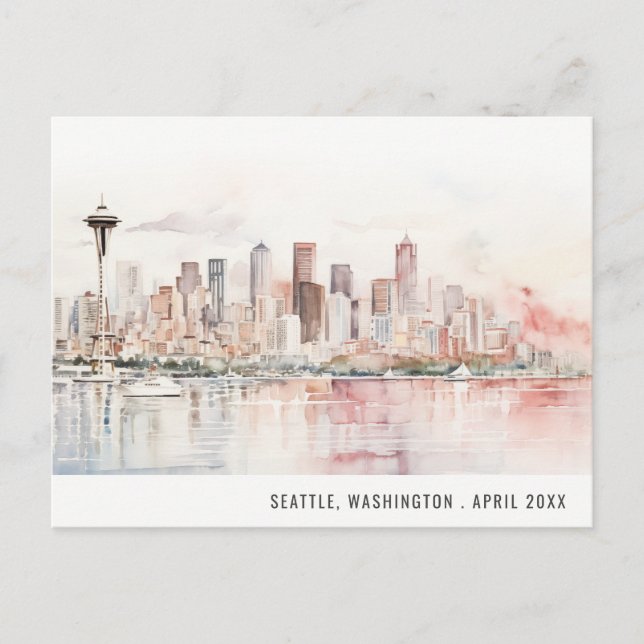 Cartão Postal Seattle, Washington Watercolor Landscape Wedding (Frente)
