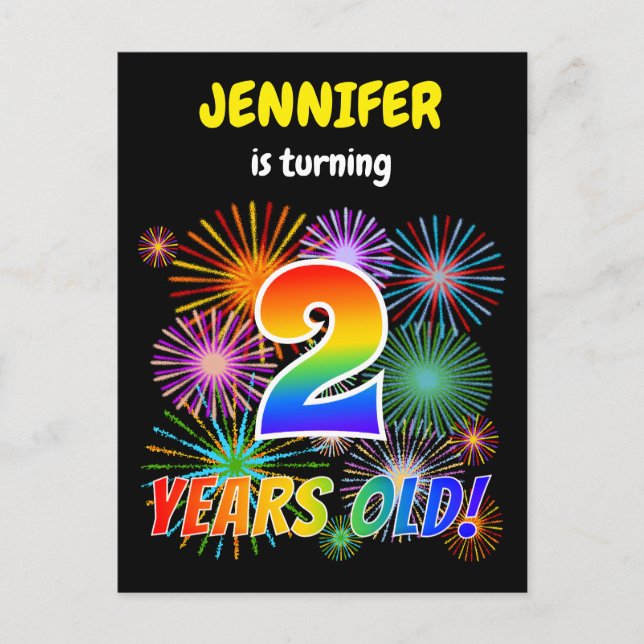 Cartão Postal segundo aniversário - Fogos de artifício divertido (Frente)