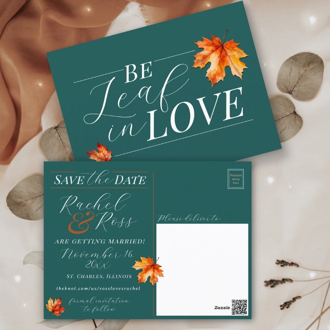 Cartão Postal Seja Folha no Amor Casamento outono Teal Salvar Da (Fall teal burnt orange rust terracotta Be Leaf in Love modern Autumn wedding save the date postcard)