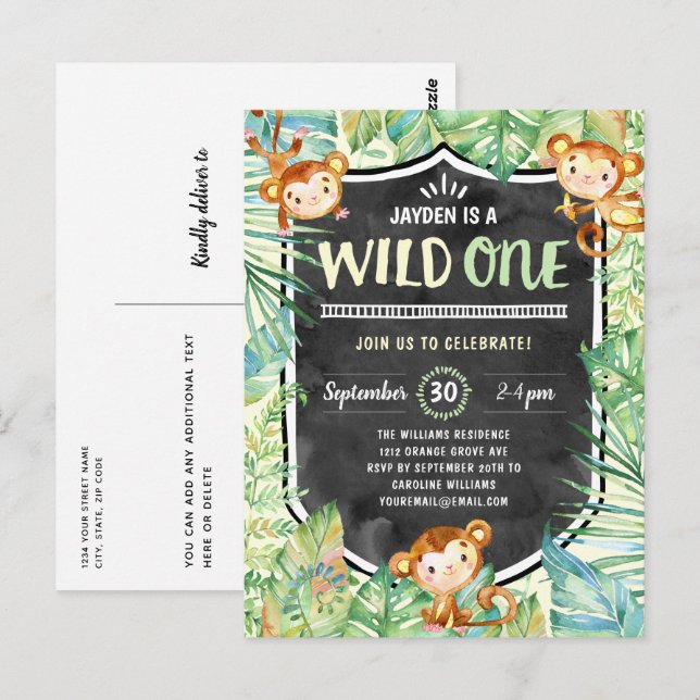 Cartão Postal Selgle Safari Wild One First First Festa de aniver (Frente/Verso)