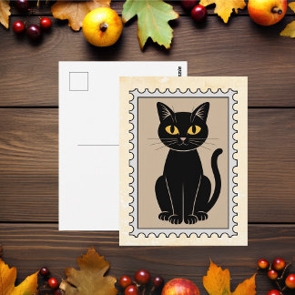 Cartão Postal Selo de Correio de Gato Preto Vintage