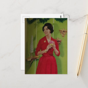 Cartão Postal Senhora alegre de Natal dos anos 1950 com vestido