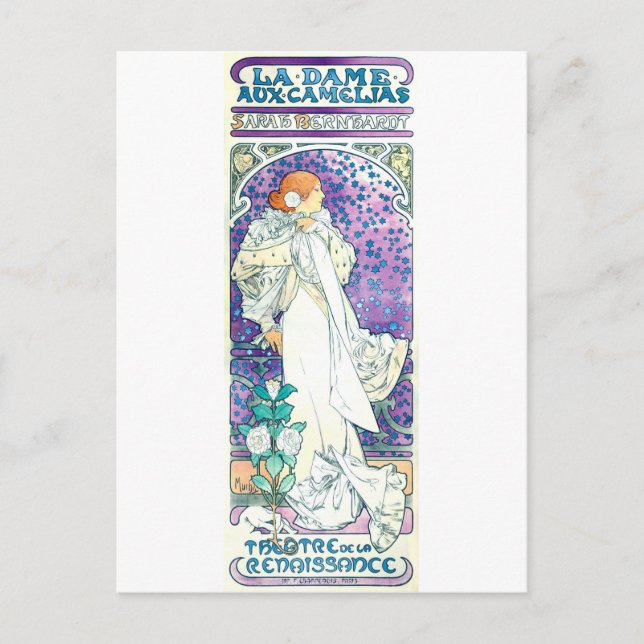 Cartão Postal Senhora das Camelias, Alphonse Mucha (Frente)