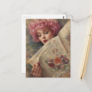 Cartão Postal Senhora de Cabelo Rosa Retro e Bonito Lendo Jornal