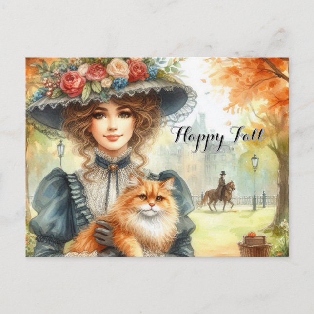Cartão Postal Senhora Elegante com Queda Feliz de Gato (Frente)