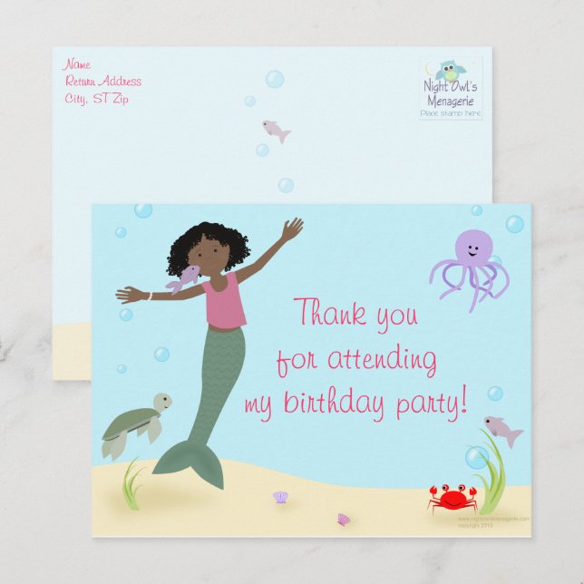 Cartão Postal Senhora Mermaid Party Obrigado (Frente/Verso)
