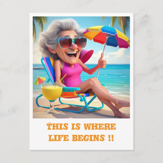 CARTÃO POSTAL "SENHORA REFORMADA NA PRAIA" (Frente)