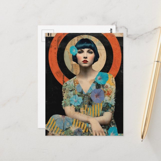 Cartão Postal Senhora Retro e Flores de Maravilha (Frente/Verso In Situ)