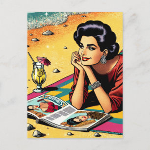 Cartão Postal Senhora Retro no Dia da Praia sonhando com a Moda