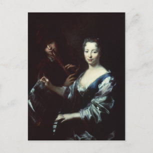 Cartão Postal Senhora tocando espineta e flautista