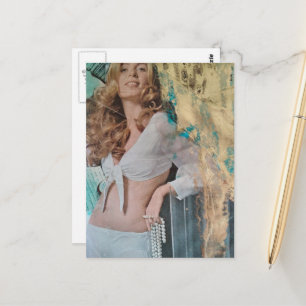 Cartão Postal Senhorita loira bonita com colar de pérolas Colage