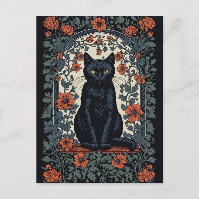 Cartão Postal Sentado Black Cat Vintage Floral (Frente)