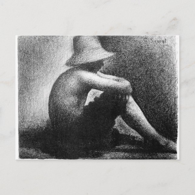 Cartão Postal Sentado de chapéu de palha por Georges Seurat (Frente)