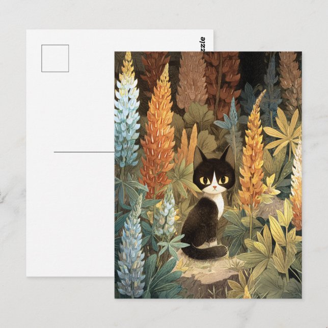 Cartão Postal Sentado De Gato Whimsical Entre Flores De Lupina V (Frente/Verso)