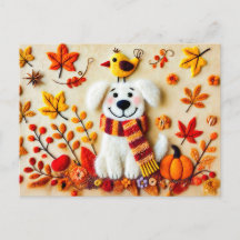 Sentiu Cachorro com Folhas de outono e um Pássaro