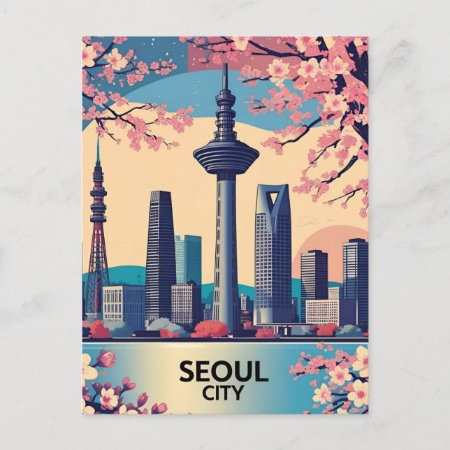 Cartão Postal Seoul City Modern Skyline Retro Art Coreia do Sul (Frente)
