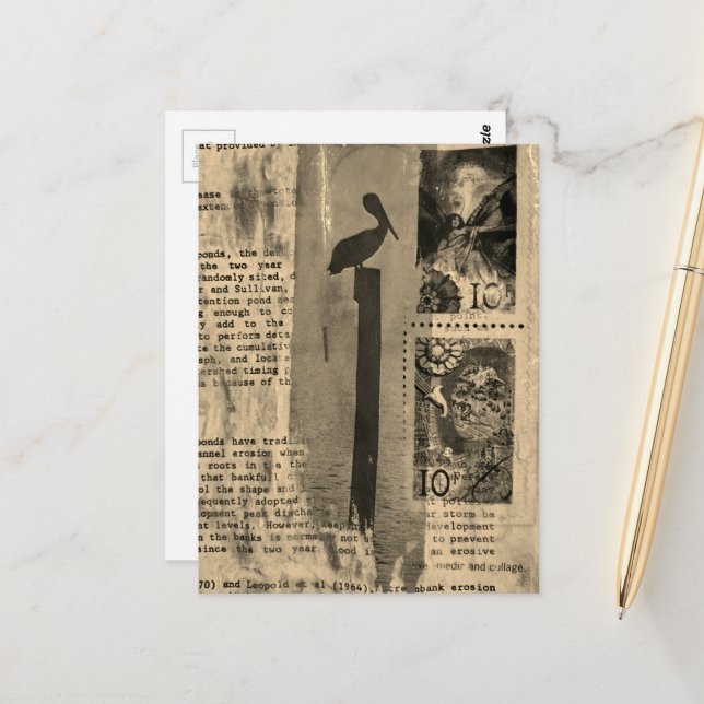 Cartão Postal Sepia Pelican mixed media collage (Frente/Verso In Situ)