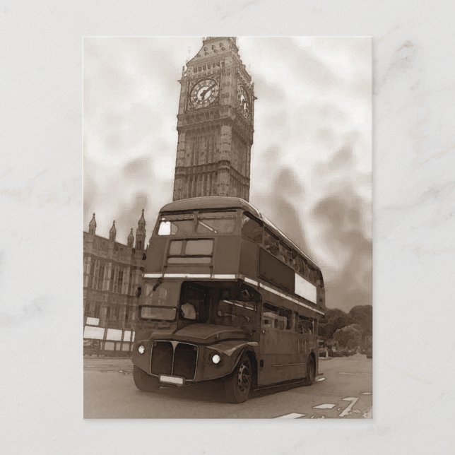 Cartão Postal Sepia Vintage London Bus & Big Ben (Frente)