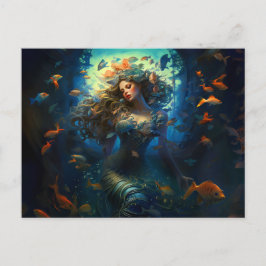 Cartão Postal Sereia Cercada por Pintura de Fantasia de Peixes