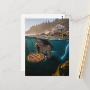 Cartão Postal Sereia Com uma Pizza