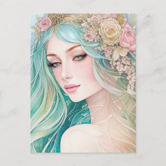 Cartão Postal Sereia de Pastel de Aquarela