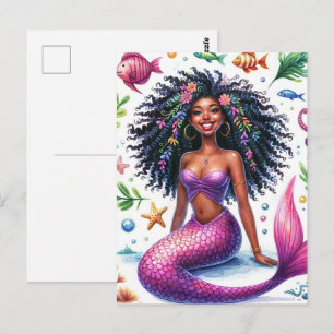Cartão Postal Sereia de Pele Morena Escura Sorrindo Com Cauda Ro