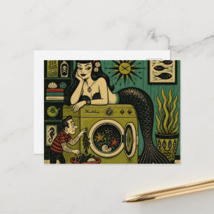 Cartão Postal Sereia do Mar Divertida de Meados do Século Dia de