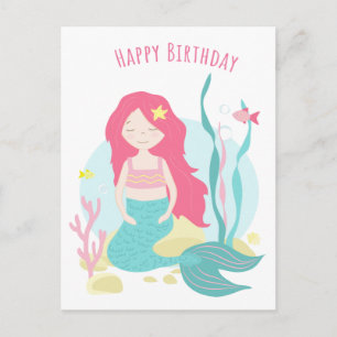 Cartão Postal    Sereia Fofa Rosa e Verde Mentolado Aniversário 
