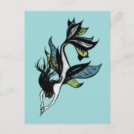 Cartão Postal Sereia Gótica Belo Desenho de Tinta Verde Azul