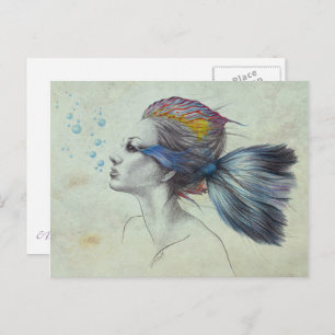 Cartão Postal Sereia Peixe Mulher Surreal Arte Desenho Fantasia