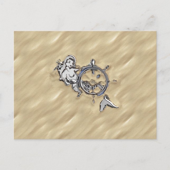 Cartão Postal Sereia prateada na areia (Frente)