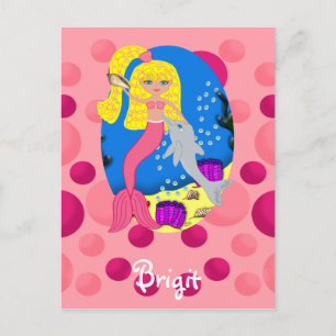 Cartão Postal Sereia rosa no oceano com golfinho