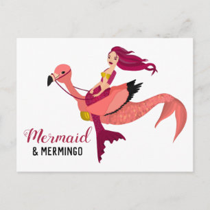 Cartão Postal Sereia Roxa e Flamingo Rosa Rosa Brilhante BFF Mer