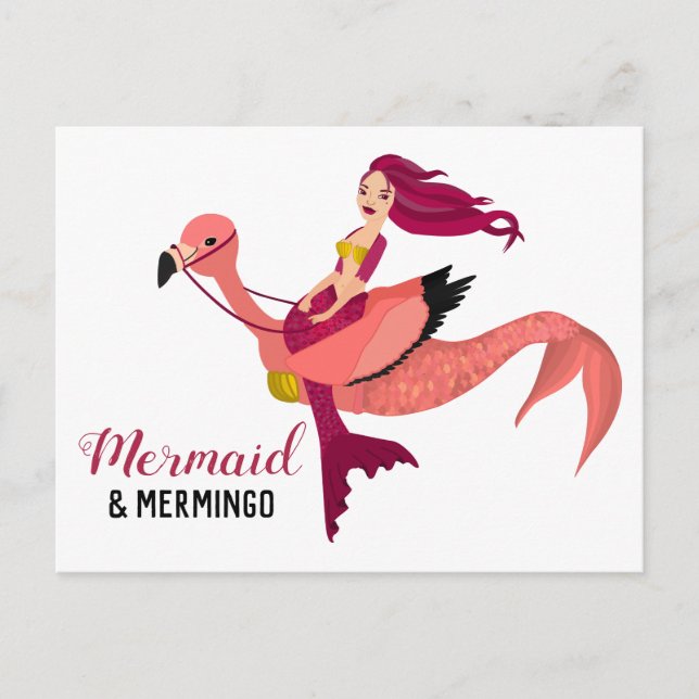 Cartão Postal Sereia Roxa e Flamingo Rosa Rosa Brilhante BFF Mer (Frente)