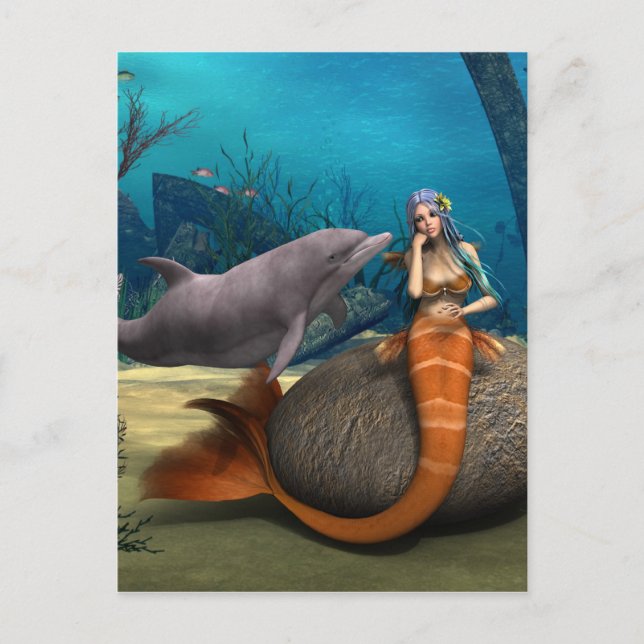 Cartão Postal Sereia Sonhadora Golfinho Arte Fantasia Subaquátic (Frente)