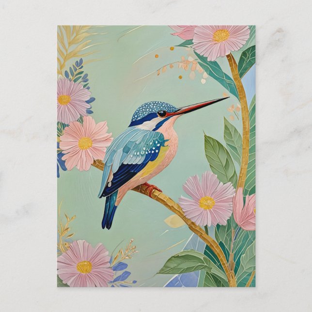 Cartão Postal Serene Kingfisher num Paraíso Floral (Frente)