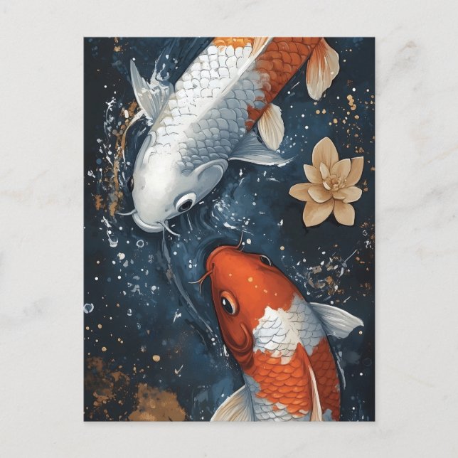 Cartão Postal Serene Koi Fish com Flores de Lotus (Frente)