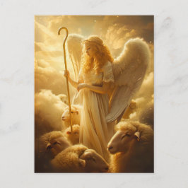 Cartão Postal Serenidade Celestial Anjo Feminino com Ovelha e Pa