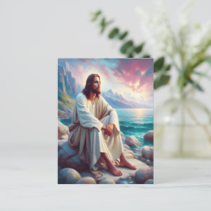 Cartão Postal Serenidade divina Jesus pela costa oceânica