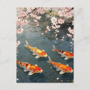 Cartão Postal Serenidade do Lago de Koi com Flor de Cerejeira