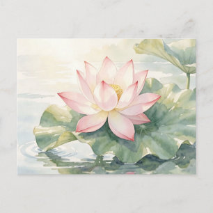 Cartão Postal Serenidade do Lótus Rosa em Aquarela