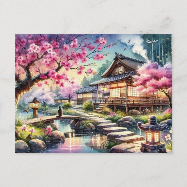 Cartão Postal Sereno Jardim Japonês ao Crepúsculo Pintura (Frente)