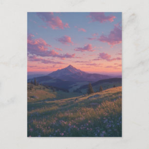 Cartão Postal Sereno Prado de Montanha ao Pôr do Sol Rosa