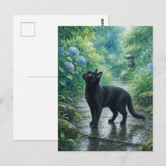 Cartão Postal series_4_4|Summer Rain Black Cat Japanese Art