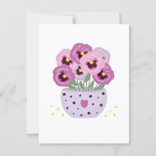 Cartão Postal Sete pansias cor-de-rosa num vaso