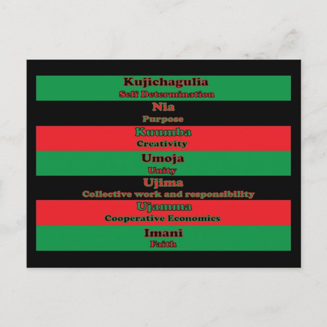 Cartão Postal Sete Princípios do Verde Vermelho Negro de Kwanzaa (Frente)