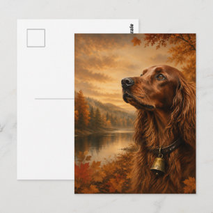 Cartão Postal Setter Irlandês de Outono – Arte Rústica de Cão de
