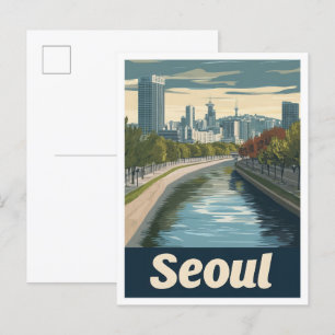 Cartão Postal Seul Coreia do Sul Arte Ilustração de Viagem Vinta